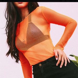 Orange fishnet top